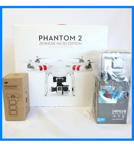 DJI Phantom2 + H4-3D Extra Battery with Gopro Hero 4 Silver LCD Camera 1080p60 